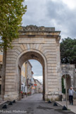 <center>Montélimar. </center> La porte Saint-Martin. Bâtie en pierres-de taille de Cruas et de Puygiron, on peut voir dans sa partie supérieure une décoration composée de feuilles de chêne et feuilles de palmier avec au centre un cartouche autrefois chargé des armes du Dauphin.
Les deux guichets (portes de part et d'autre) furent ajoutés à la construction d'origine dans les années 1849/1850